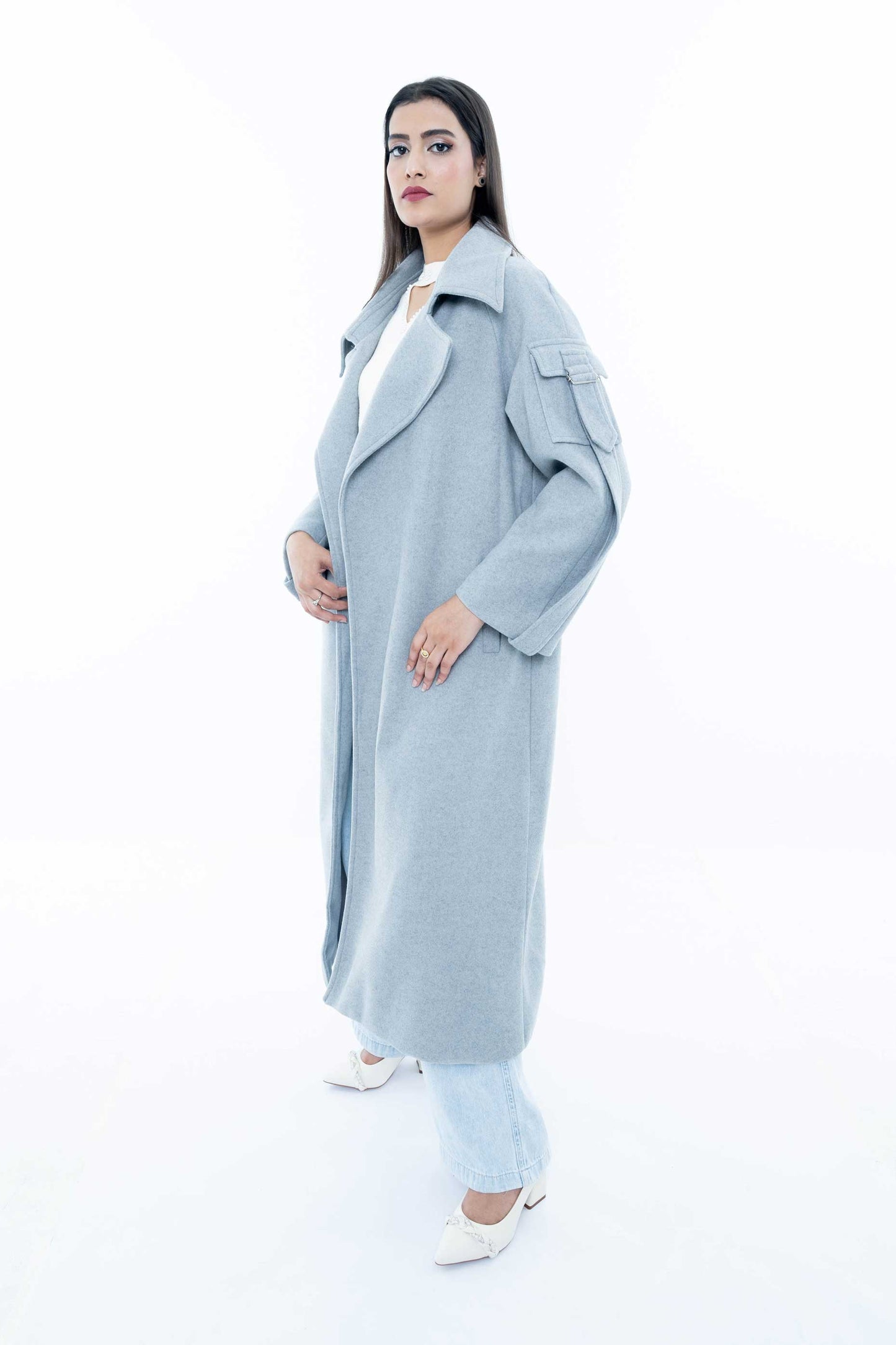 Light Blue Belted Coat with Statement Shoulder Details