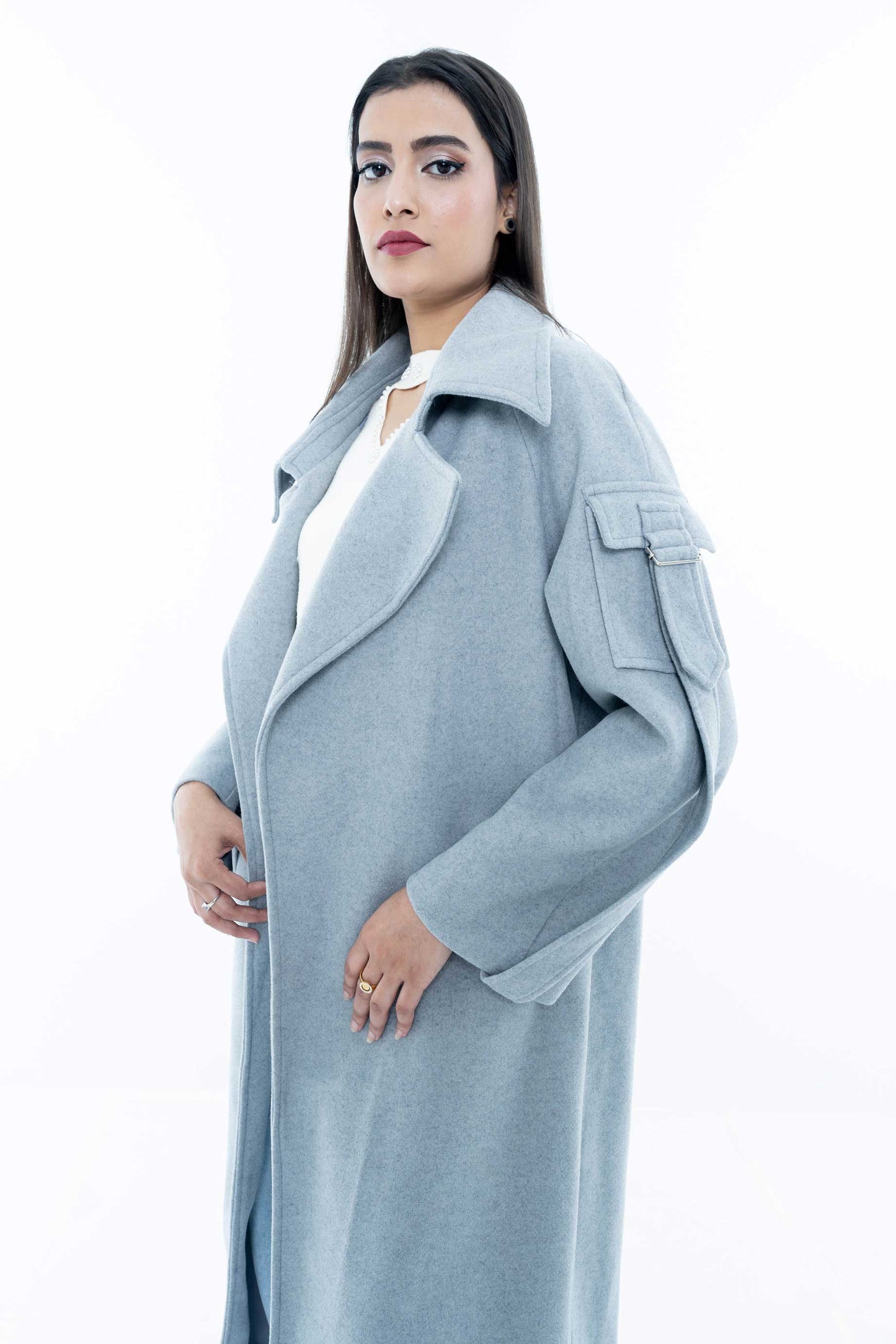 Light Blue Belted Coat with Statement Shoulder Details