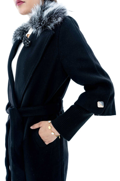 Black Coat with Fur Collar and Belt