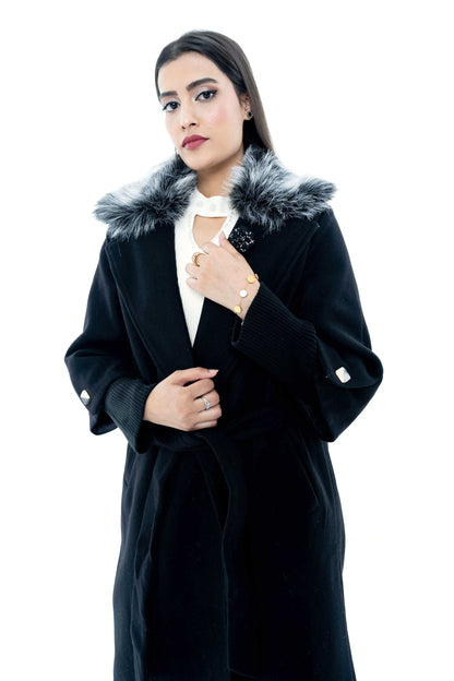 Black Coat with Fur Collar and Belt