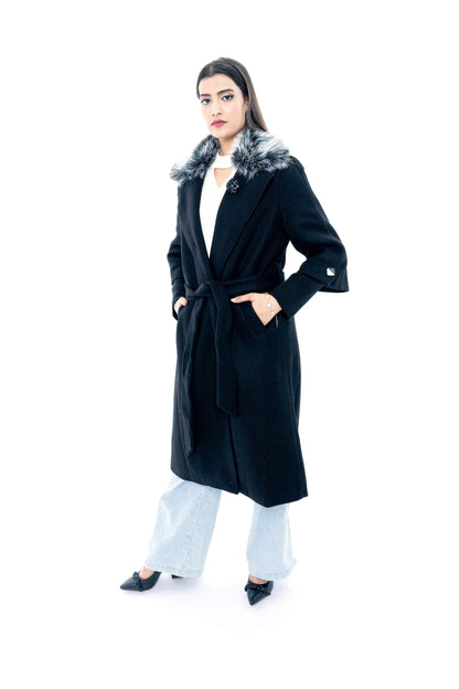 Black Coat with Fur Collar and Belt