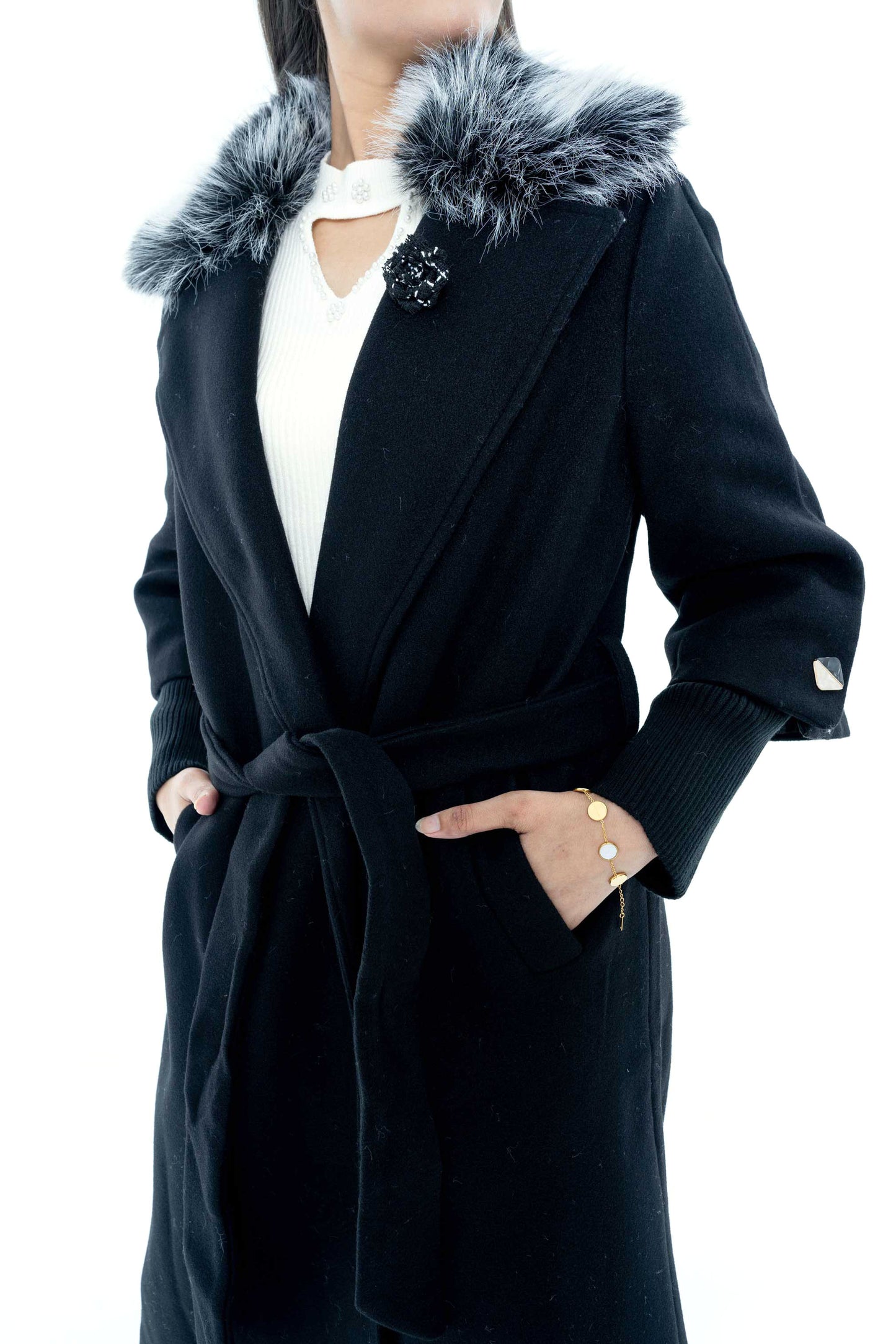 Black Coat with Fur Collar and Belt