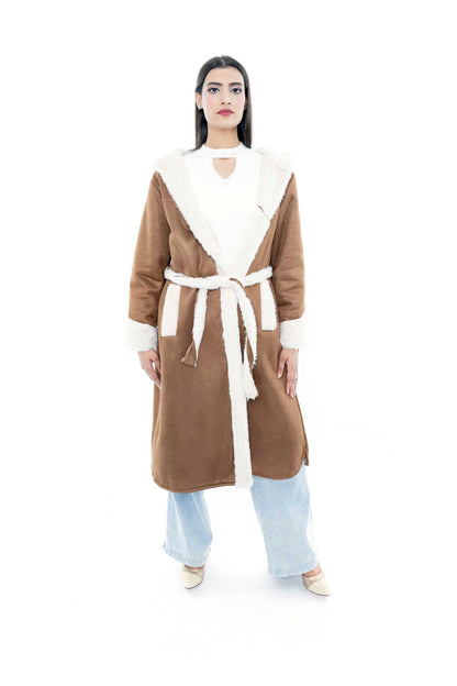 Brown Hooded Coat with White Trim and Belted Waist