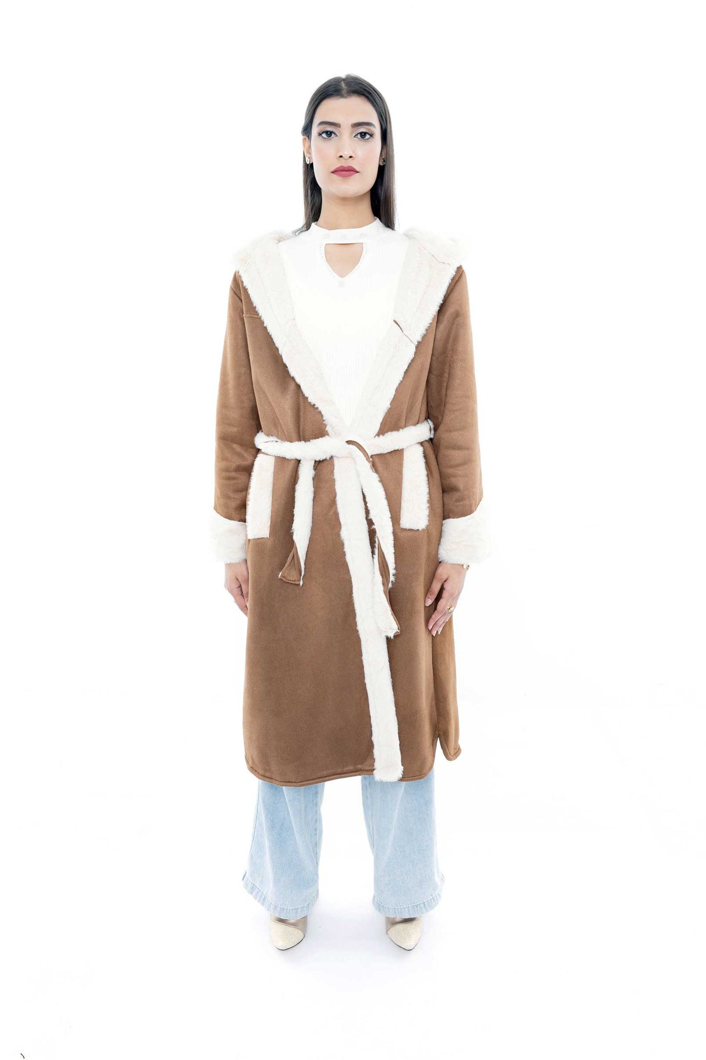 Brown Hooded Coat with White Trim and Belted Waist