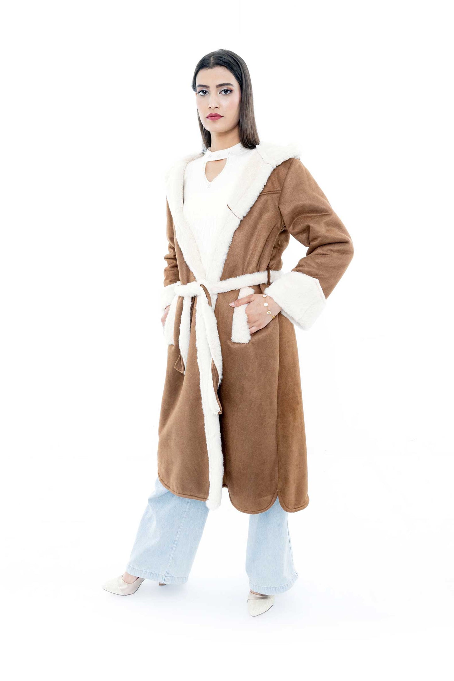 Brown Hooded Coat with White Trim and Belted Waist