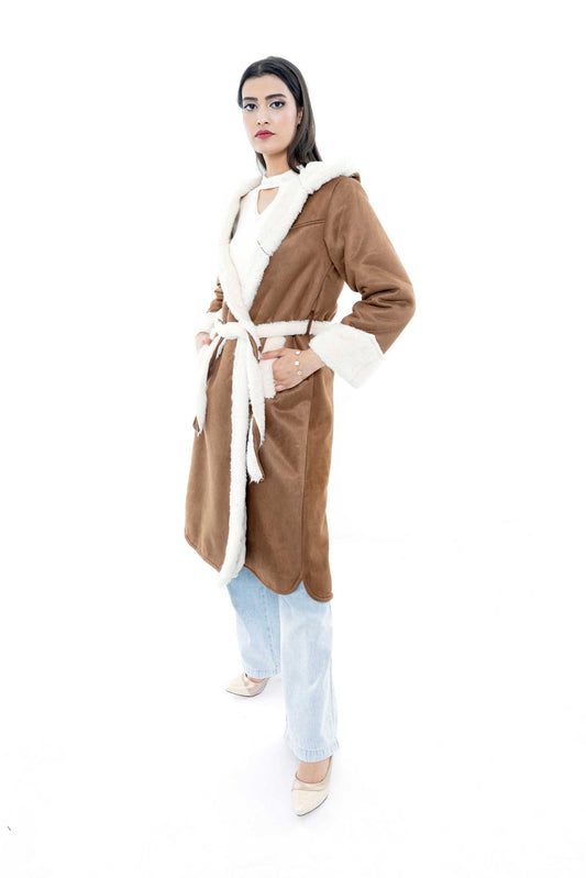 Brown Hooded Coat with White Trim and Belted Waist