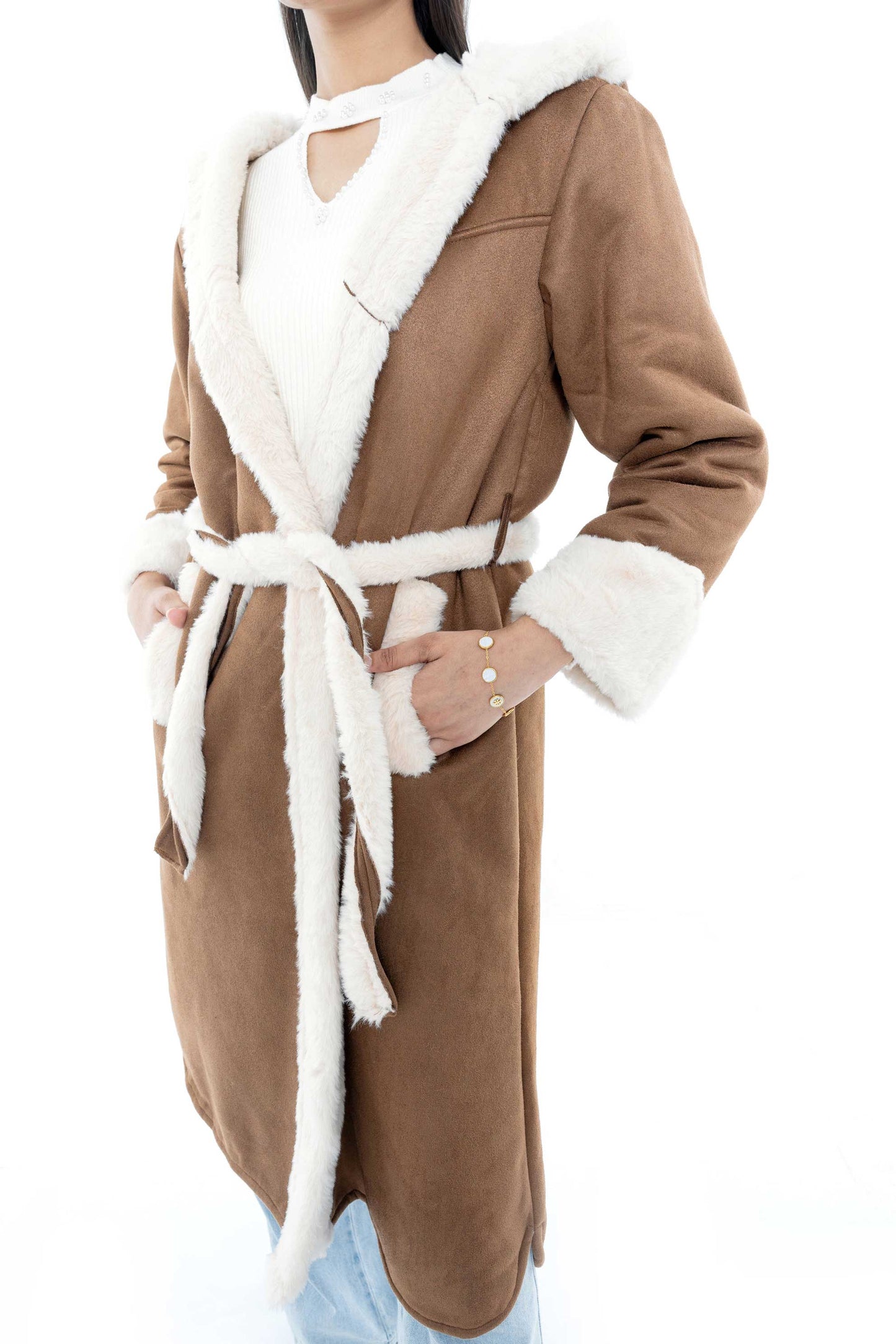 Brown Hooded Coat with White Trim and Belted Waist