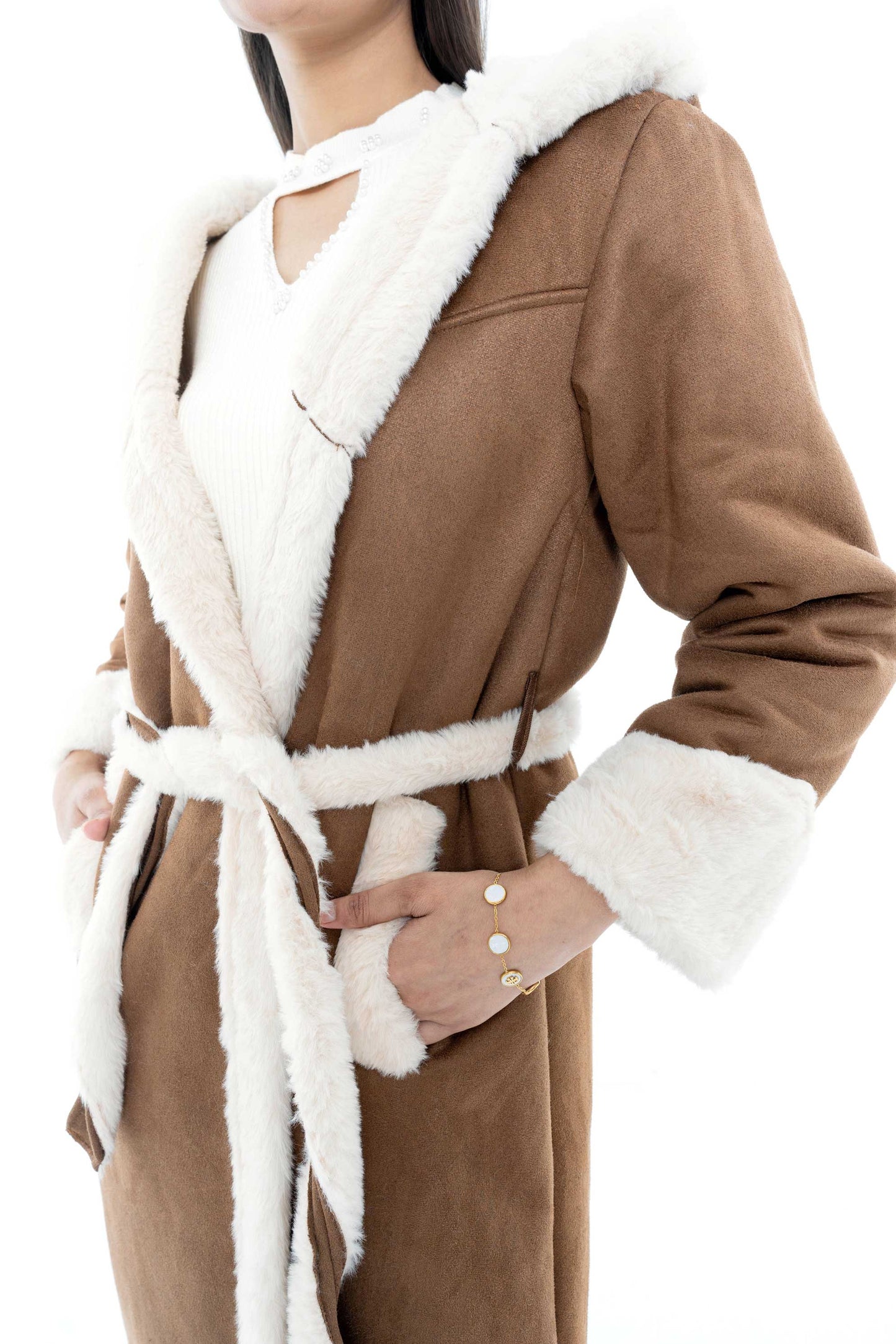 Brown Hooded Coat with White Trim and Belted Waist