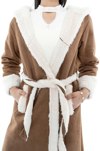 Brown Hooded Coat with White Trim and Belted Waist