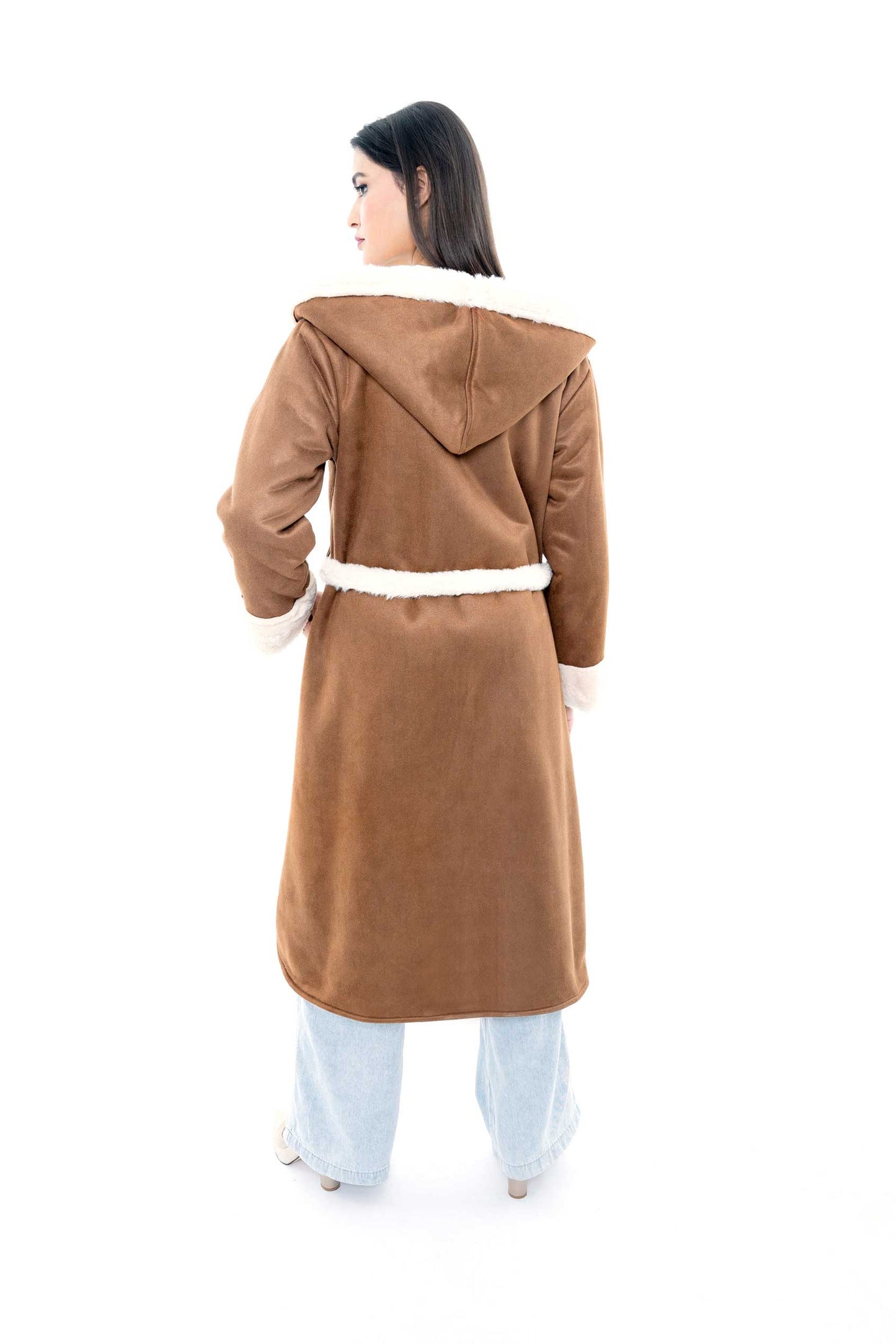 Brown Hooded Coat with White Trim and Belted Waist