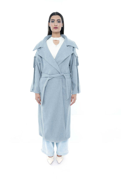 Light Blue Belted Coat with Statement Shoulder Details