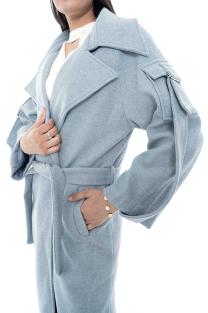 Light Blue Belted Coat with Statement Shoulder Details