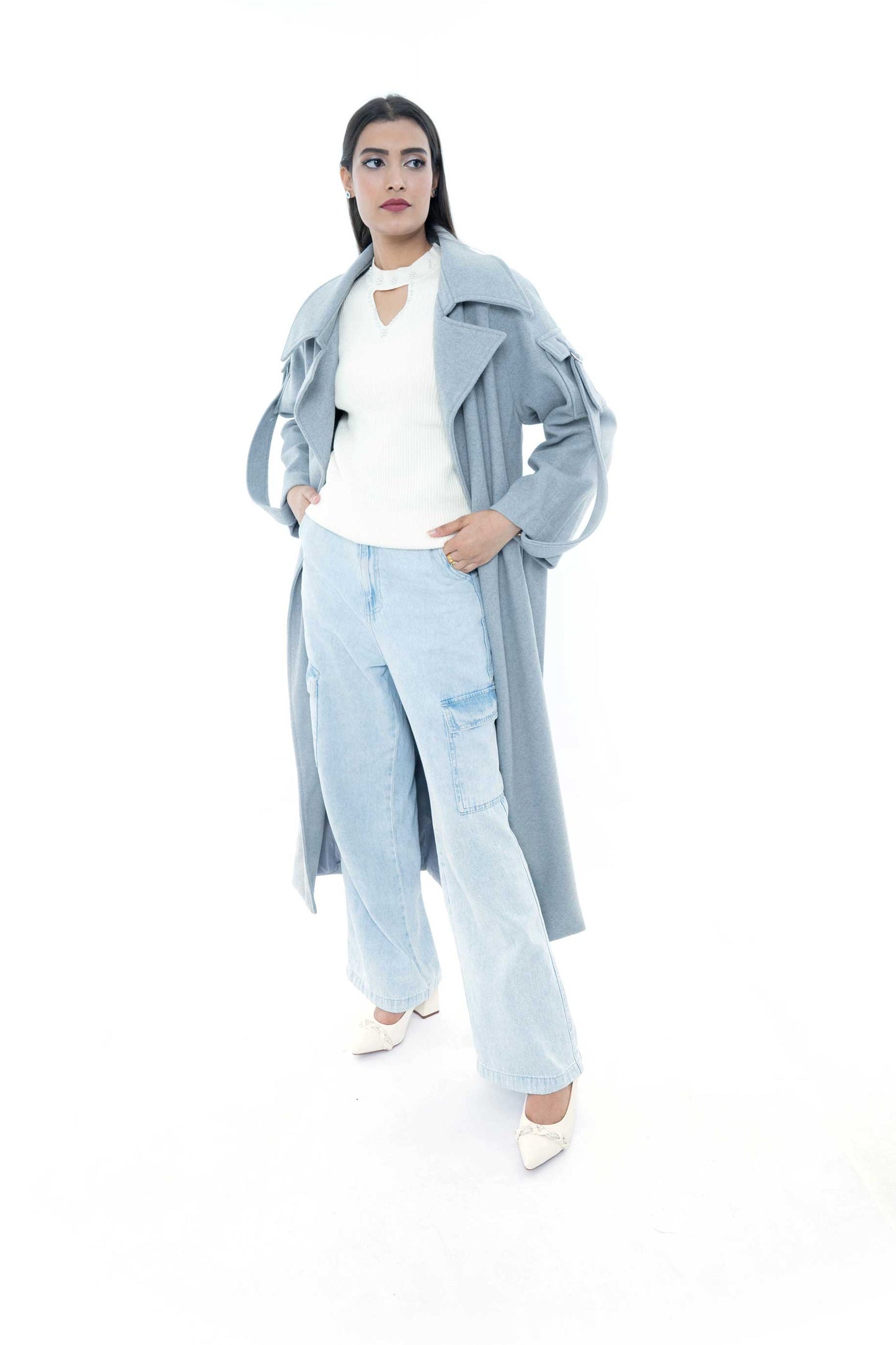 Light Blue Belted Coat with Statement Shoulder Details