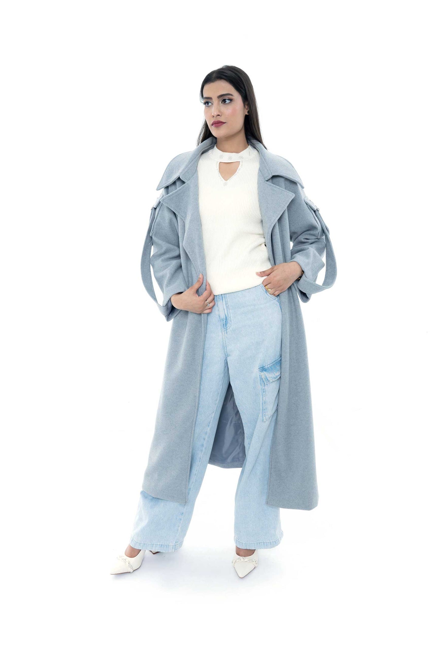 Light Blue Belted Coat with Statement Shoulder Details