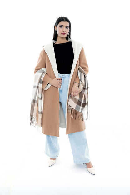 Camel Coat with White Trim and Checkered Scarf