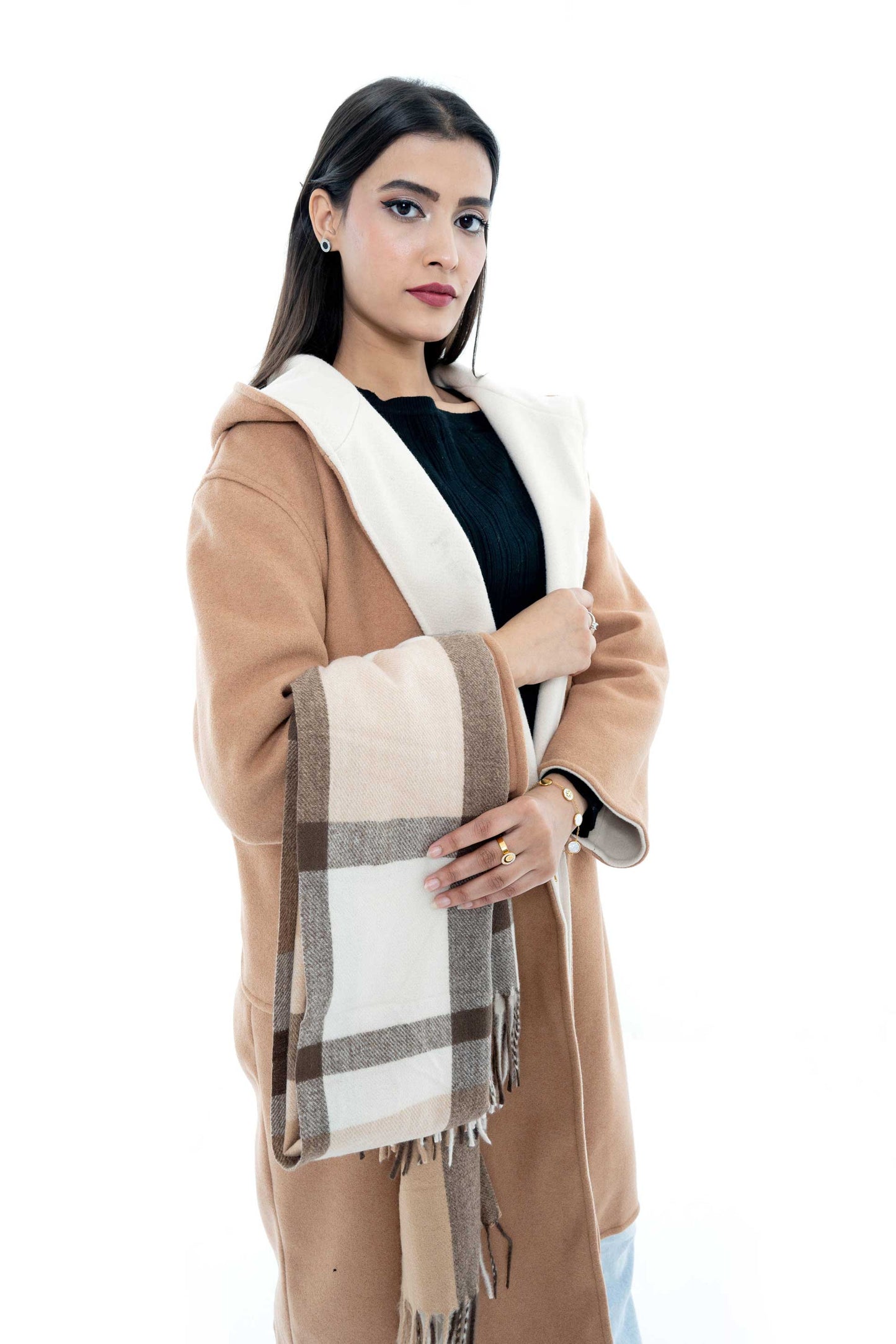 Camel Coat with White Trim and Checkered Scarf