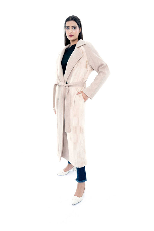 Beige Double-Breasted Long Coat with Belted Waist