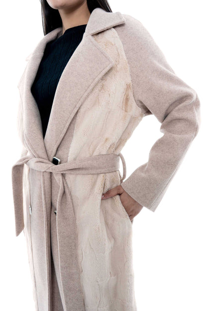 Beige Double-Breasted Long Coat with Belted Waist