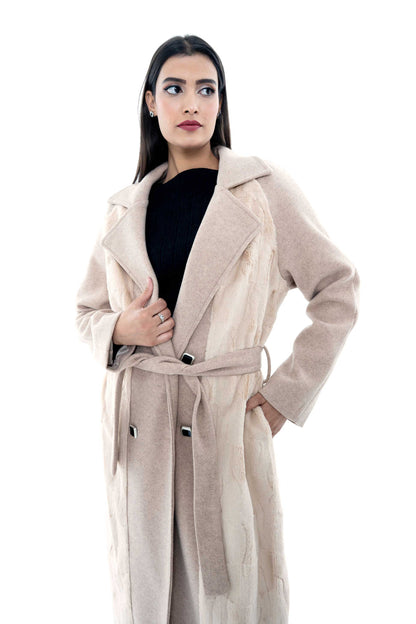 Beige Double-Breasted Long Coat with Belted Waist