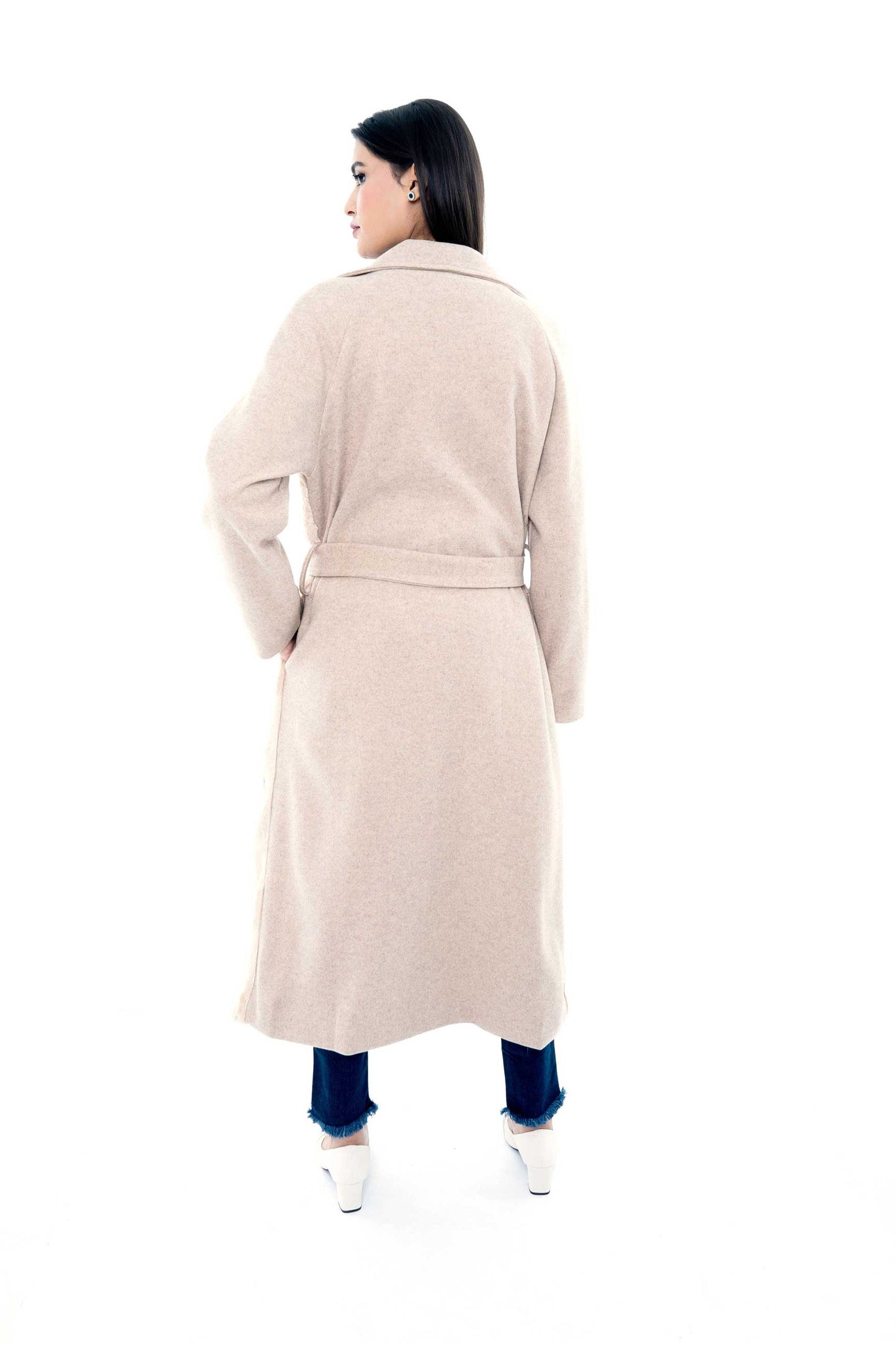 Beige Double-Breasted Long Coat with Belted Waist