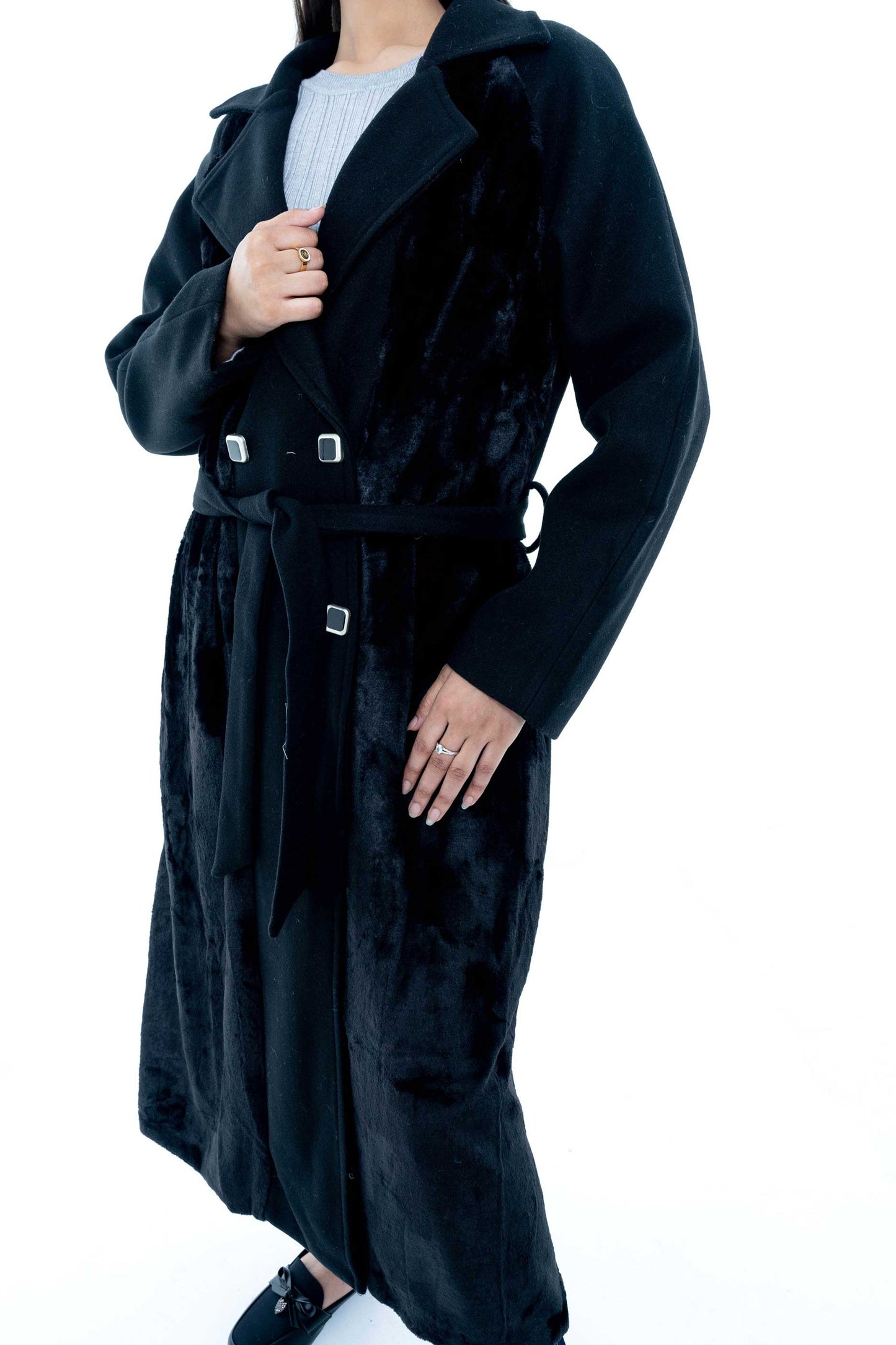 Black Double-Breasted Long Coat with Velvet Finish