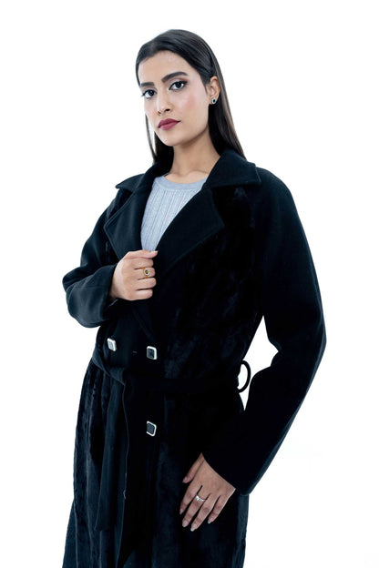 Black Double-Breasted Long Coat with Velvet Finish