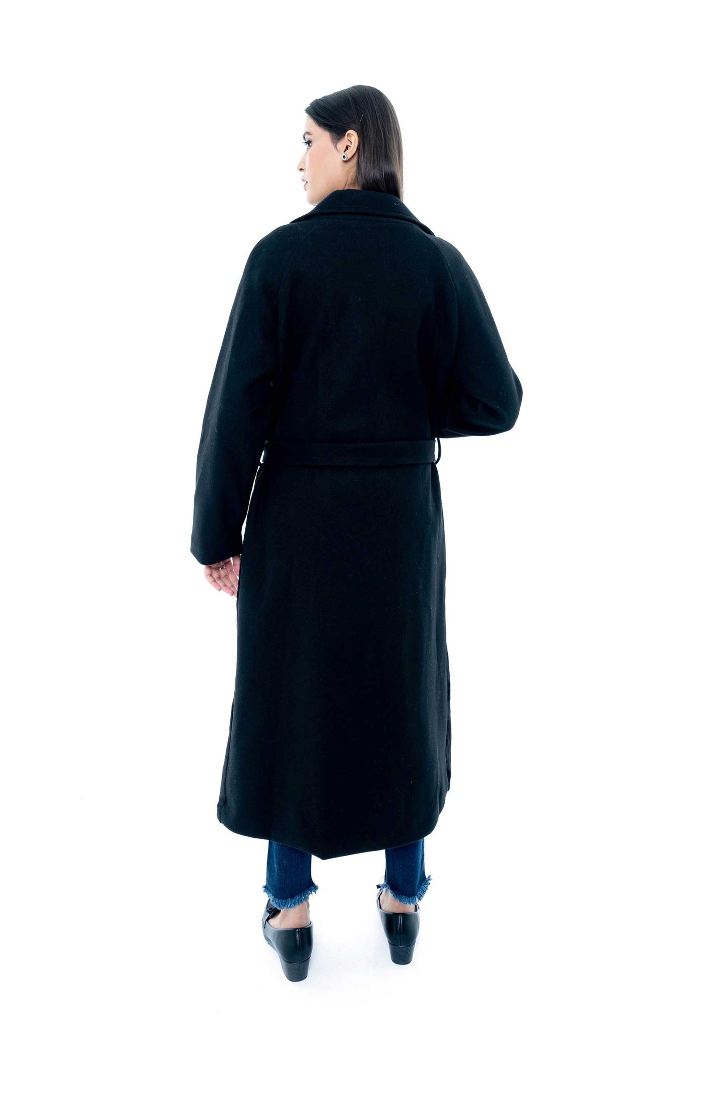 Black Double-Breasted Long Coat with Velvet Finish