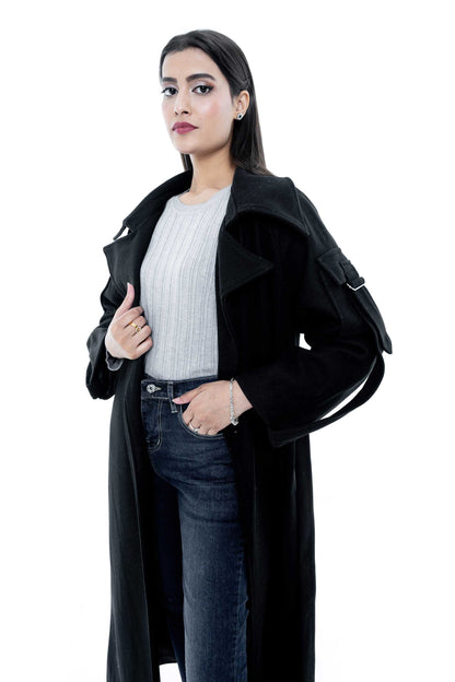 Classic Black Belted Long Coat with Pockets