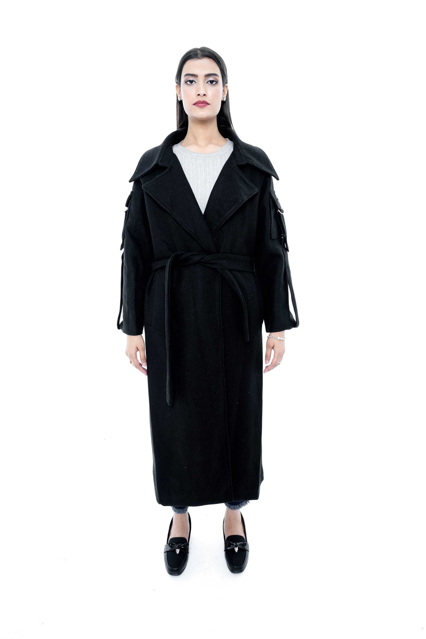 Classic Black Belted Long Coat with Pockets