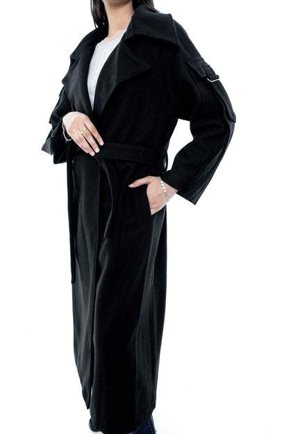 Classic Black Belted Long Coat with Pockets