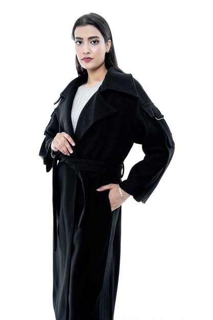 Classic Black Belted Long Coat with Pockets