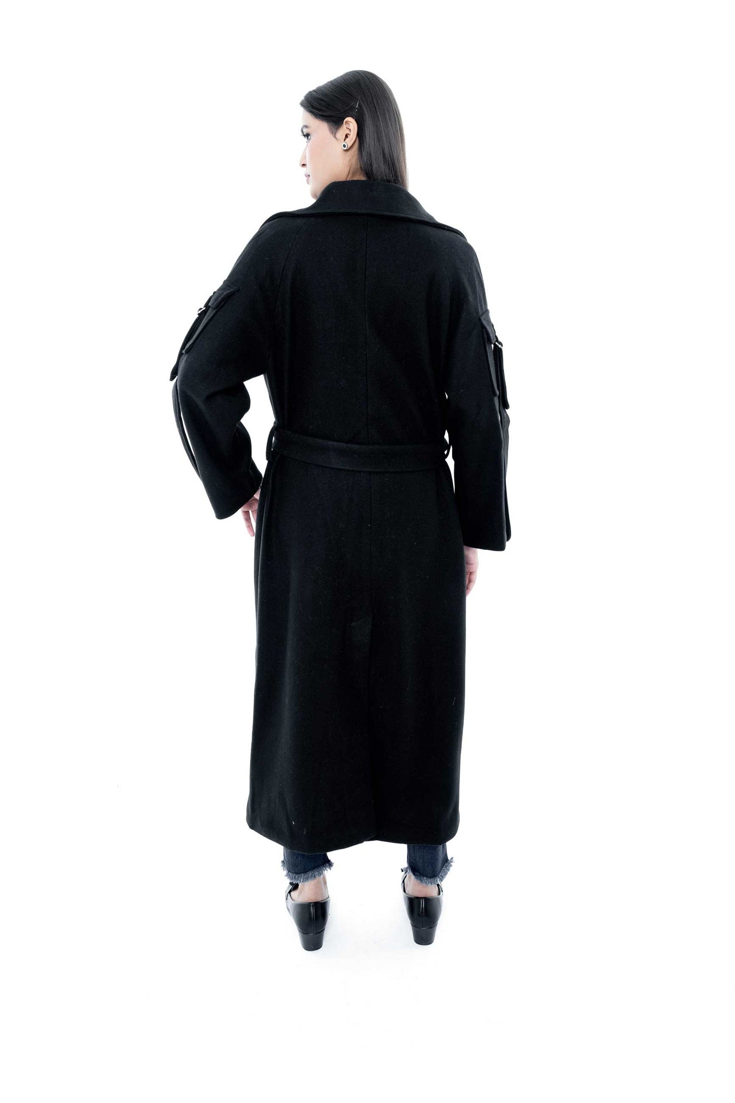 Classic Black Belted Long Coat with Pockets