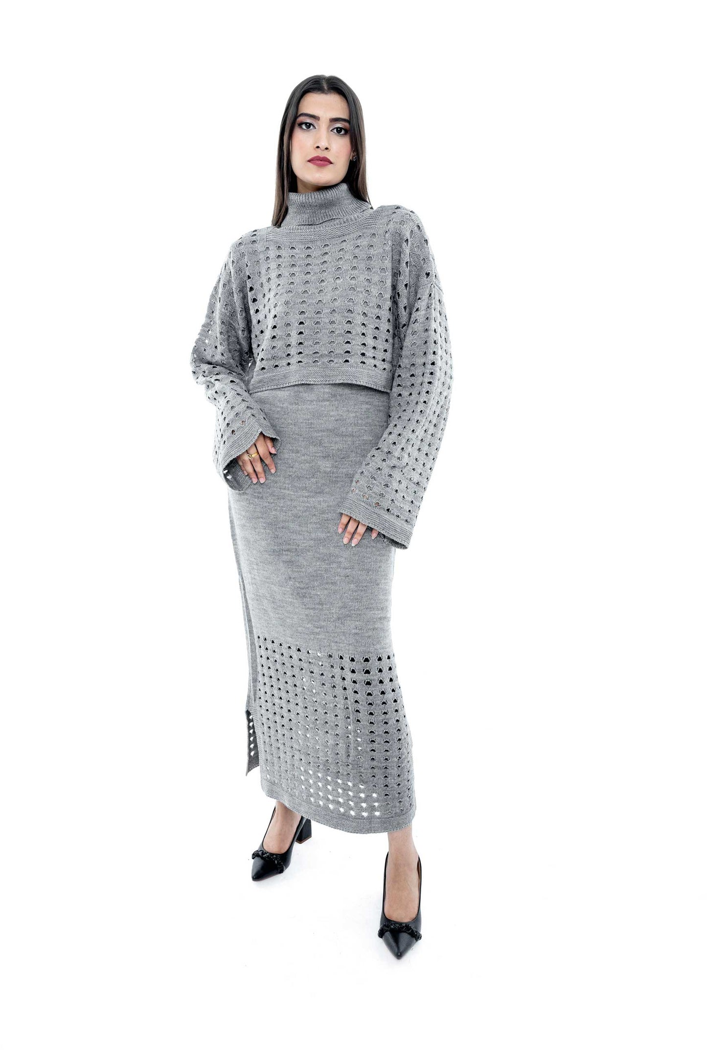 Grey Knitted Two-Piece Set with Textured Detailing