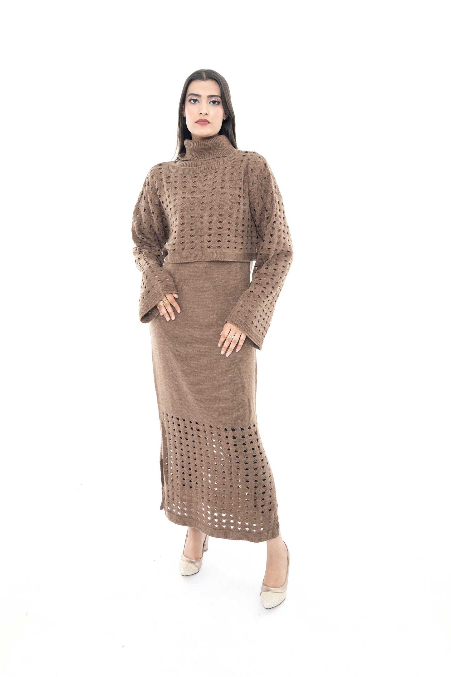 Brown Knitted Two-Piece Set with Intricate Detailing