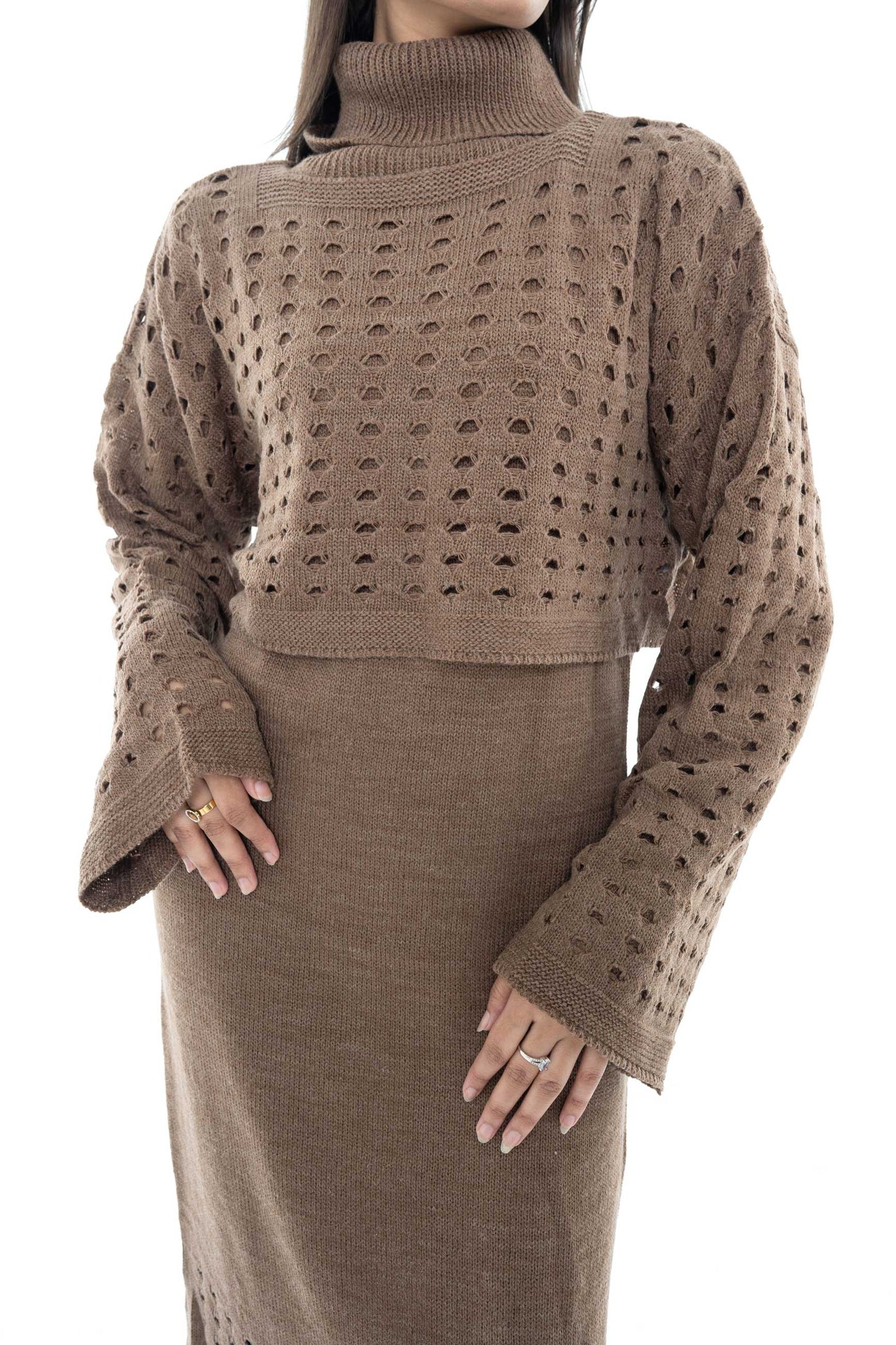 Brown Knitted Two-Piece Set with Intricate Detailing