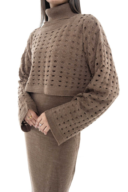 Brown Knitted Two-Piece Set with Intricate Detailing