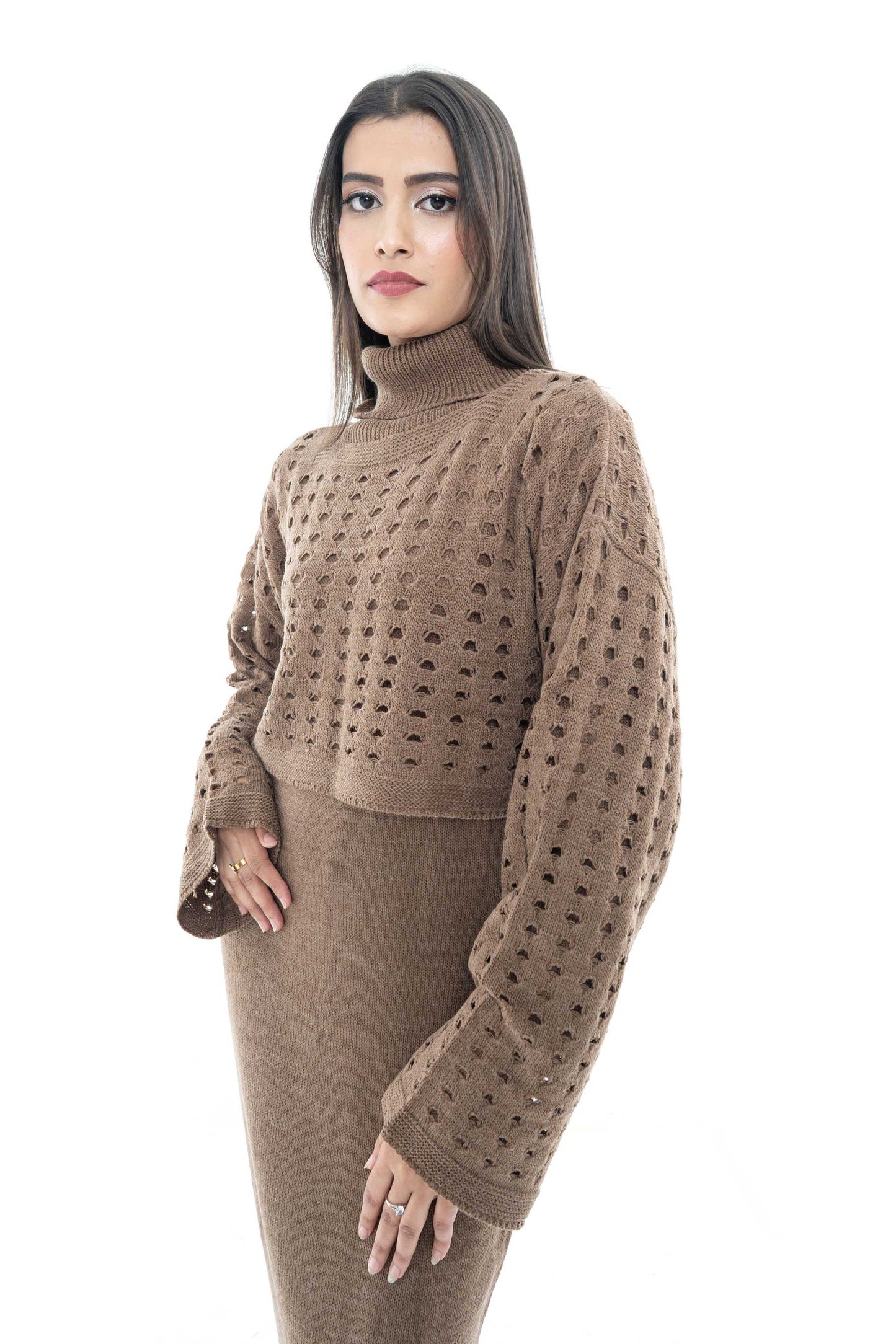 Brown Knitted Two-Piece Set with Intricate Detailing