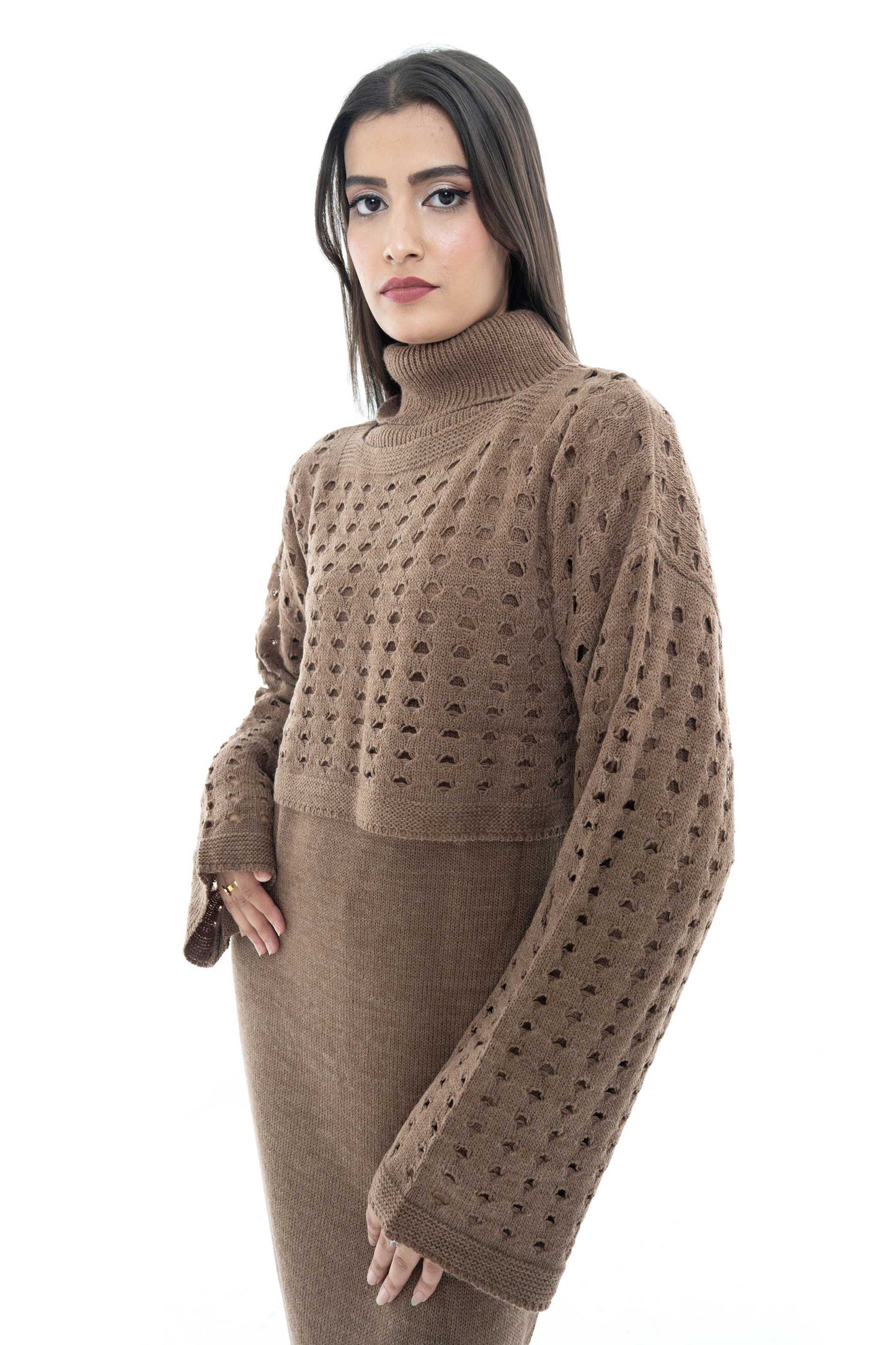 Brown Knitted Two-Piece Set with Intricate Detailing