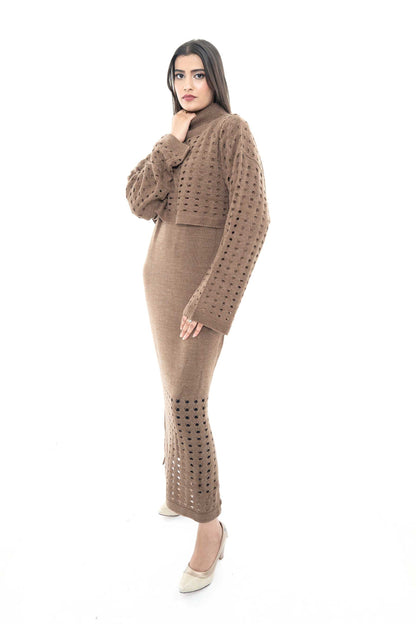 Brown Knitted Two-Piece Set with Intricate Detailing