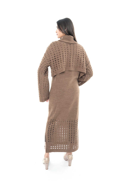 Brown Knitted Two-Piece Set with Intricate Detailing