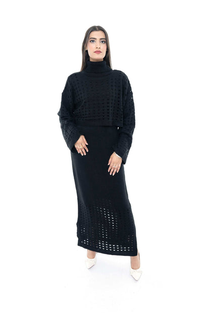 Chic Black Knitted Two-Piece Set with Eyelet Detail