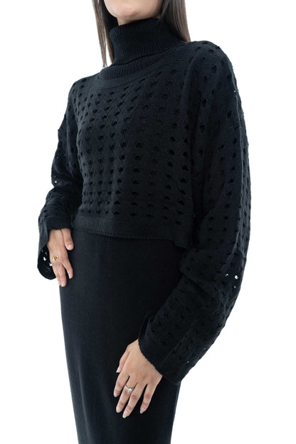 Chic Black Knitted Two-Piece Set with Eyelet Detail