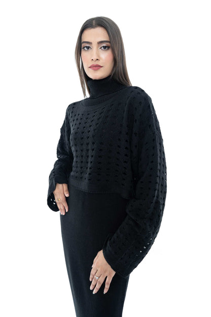 Chic Black Knitted Two-Piece Set with Eyelet Detail