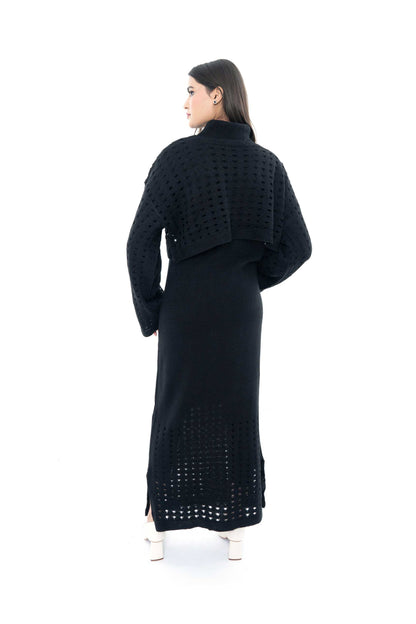 Chic Black Knitted Two-Piece Set with Eyelet Detail