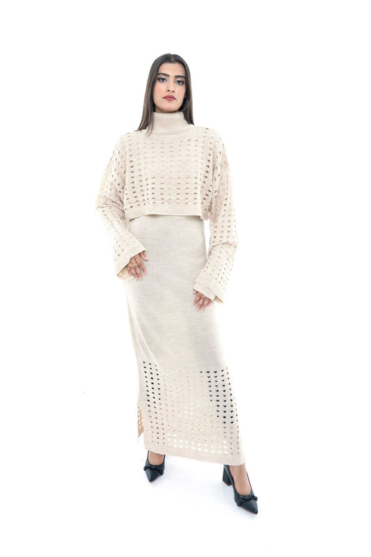 Beige Knitted Two-Piece Set with Eyelet Pattern