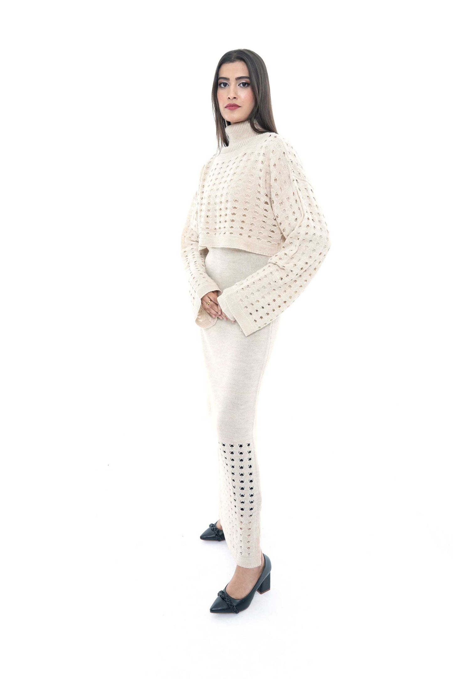 Beige Knitted Two-Piece Set with Eyelet Pattern