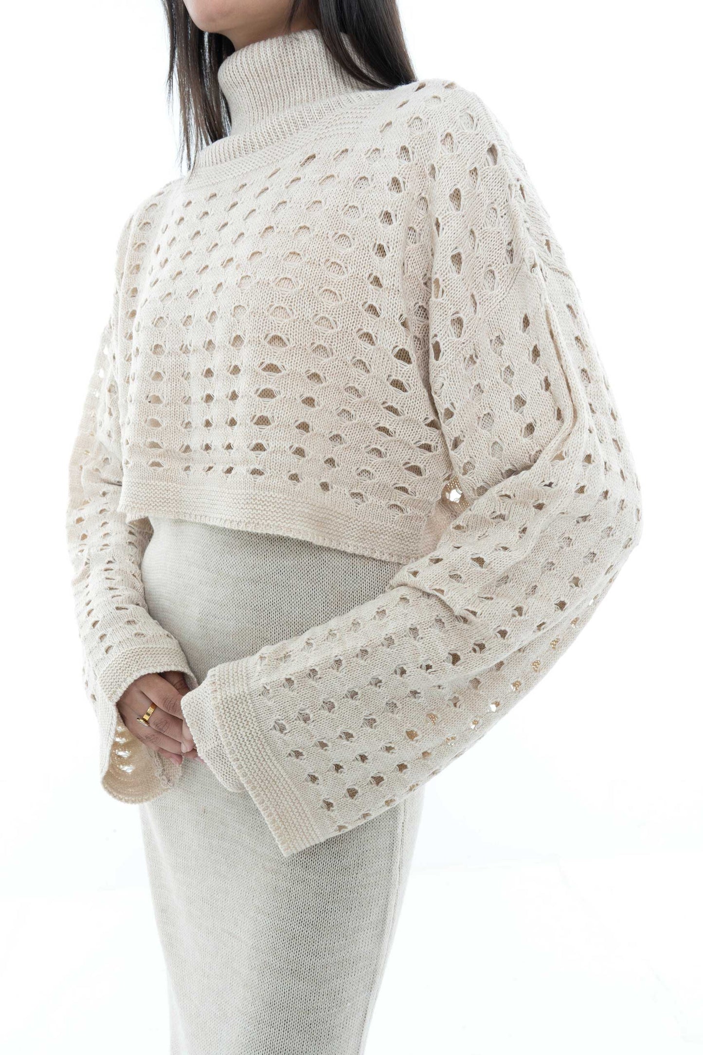 Beige Knitted Two-Piece Set with Eyelet Pattern