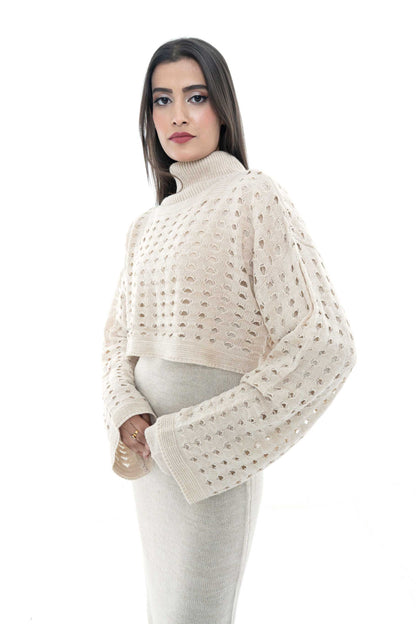 Beige Knitted Two-Piece Set with Eyelet Pattern