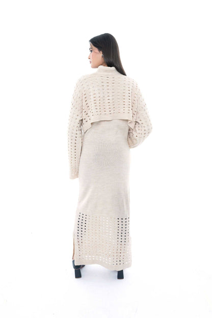 Beige Knitted Two-Piece Set with Eyelet Pattern