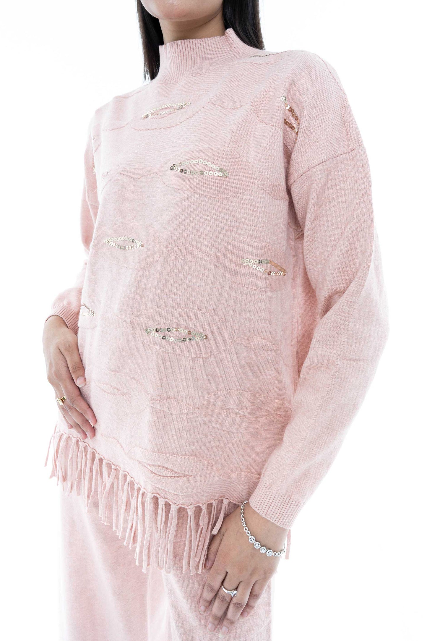 Soft Pink Fringe Detail Two-Piece Set